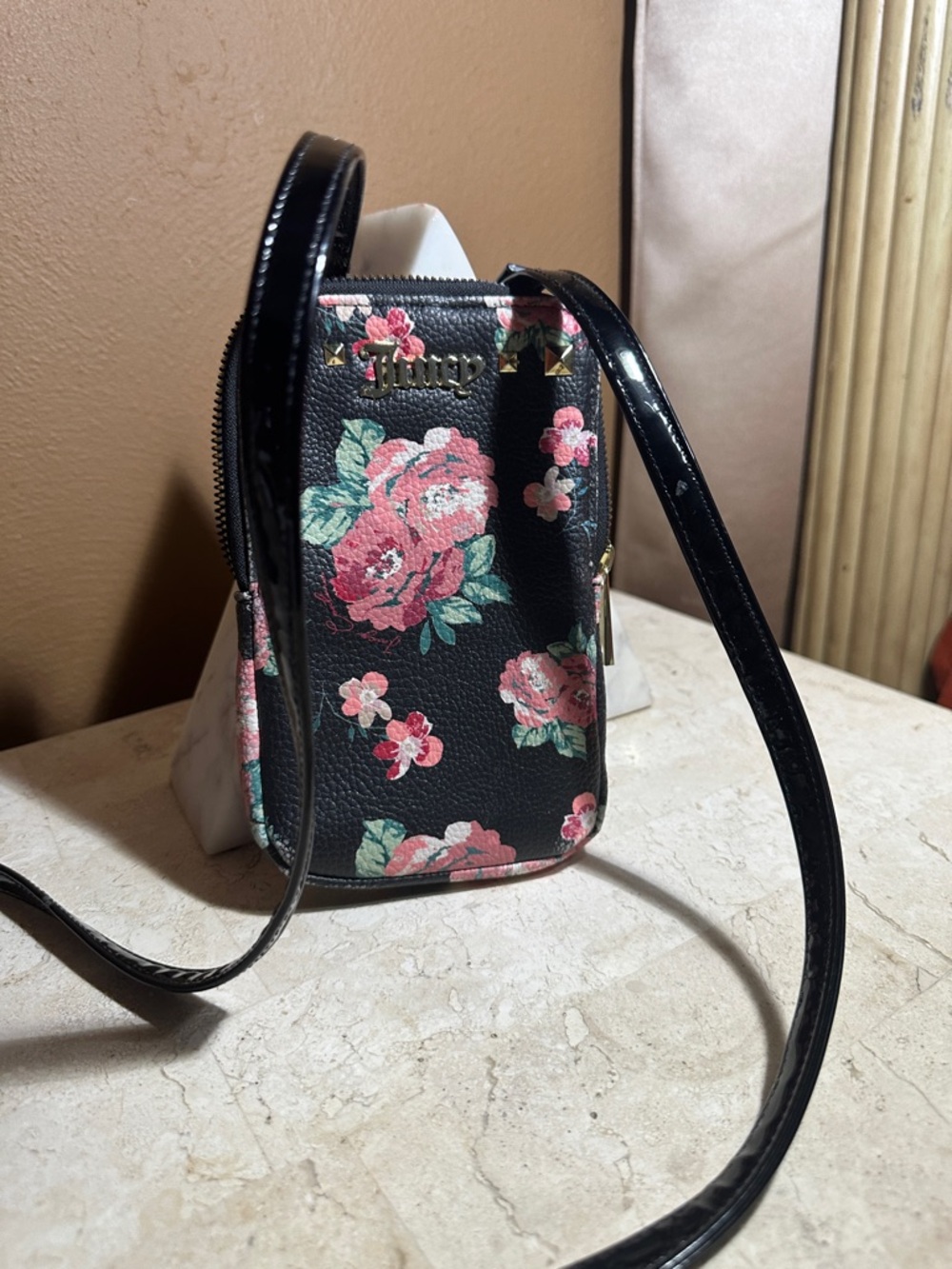 Juicy Couture Black Floral Mini Crossbody with Gold Accents